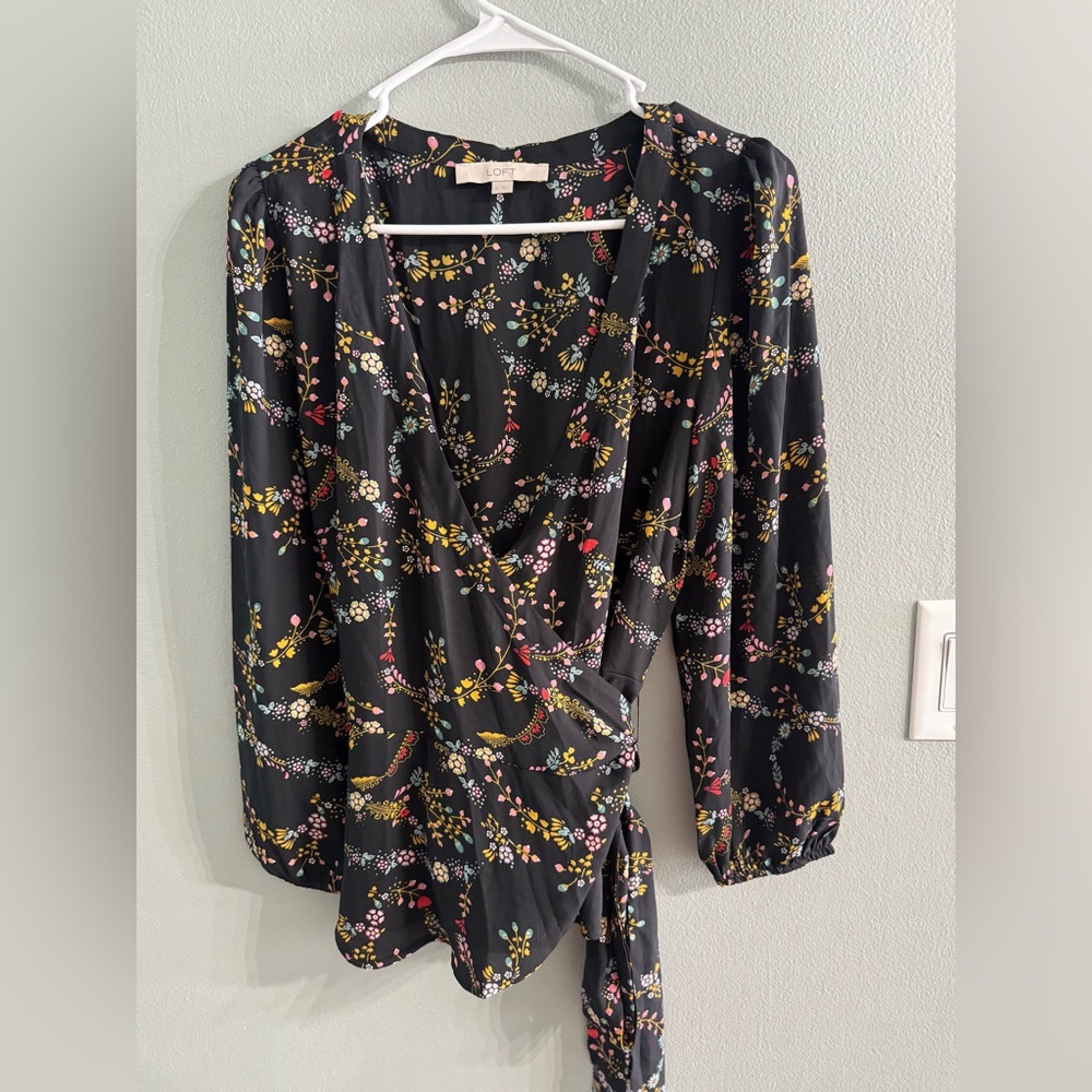 LOFT Black Floral Wrap Blouse